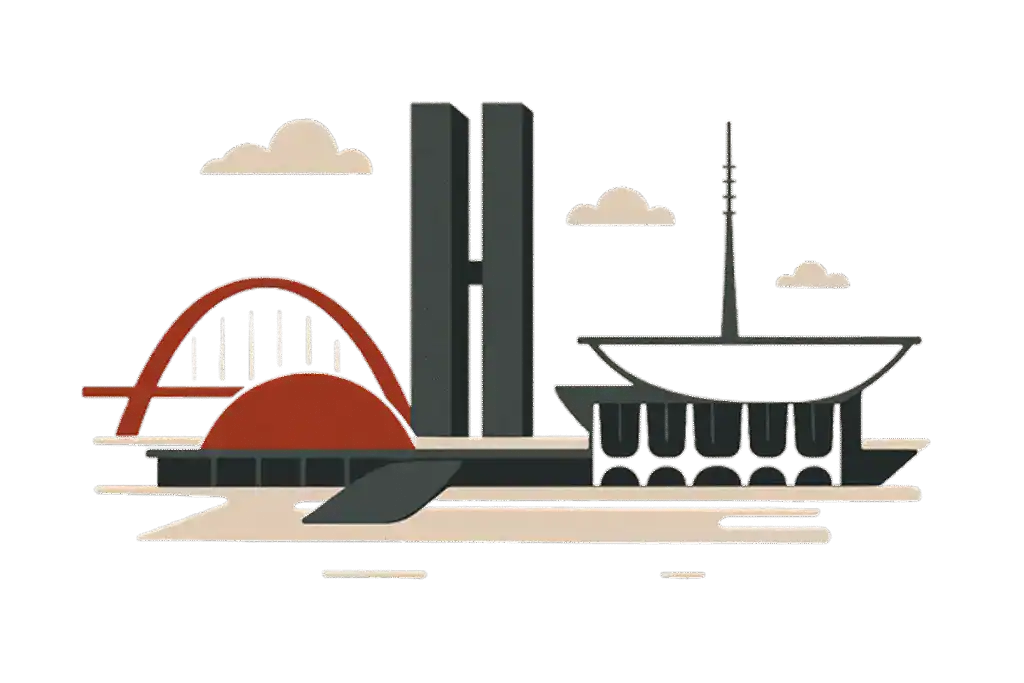 Imagem de edifícios contemporâneos e infraestrutura urbana em estilo minimalista.