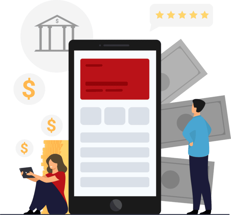 Ilustração de um smartphone exibindo uma interface de aplicativo financeiro, cercado por ícones de banco, dinheiro, moedas e avaliação de cinco estrelas. Ao lado, duas pessoas utilizam e observam o aplicativo, representando serviços financeiros digitais.