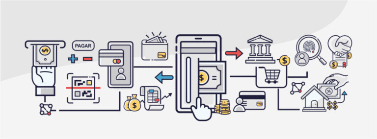 Ilustração com ícones de pagamentos digitais, banco, carteira, QR Code, biometria, compras e transferências financeiras.