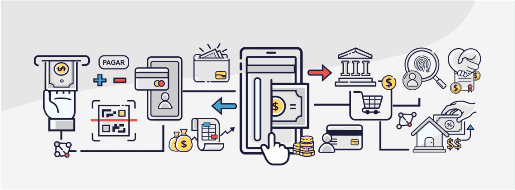 Ilustração com ícones de pagamentos digitais, banco, carteira, QR Code, biometria, compras e transferências financeiras.